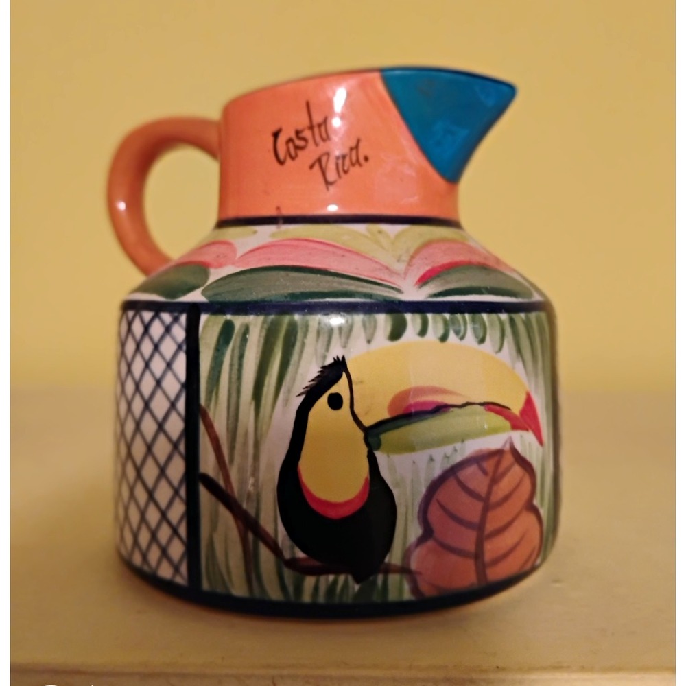 Facetur hand Painted Toucan Ceramic Pitcher, Multicolor Glossy Decorative Handle